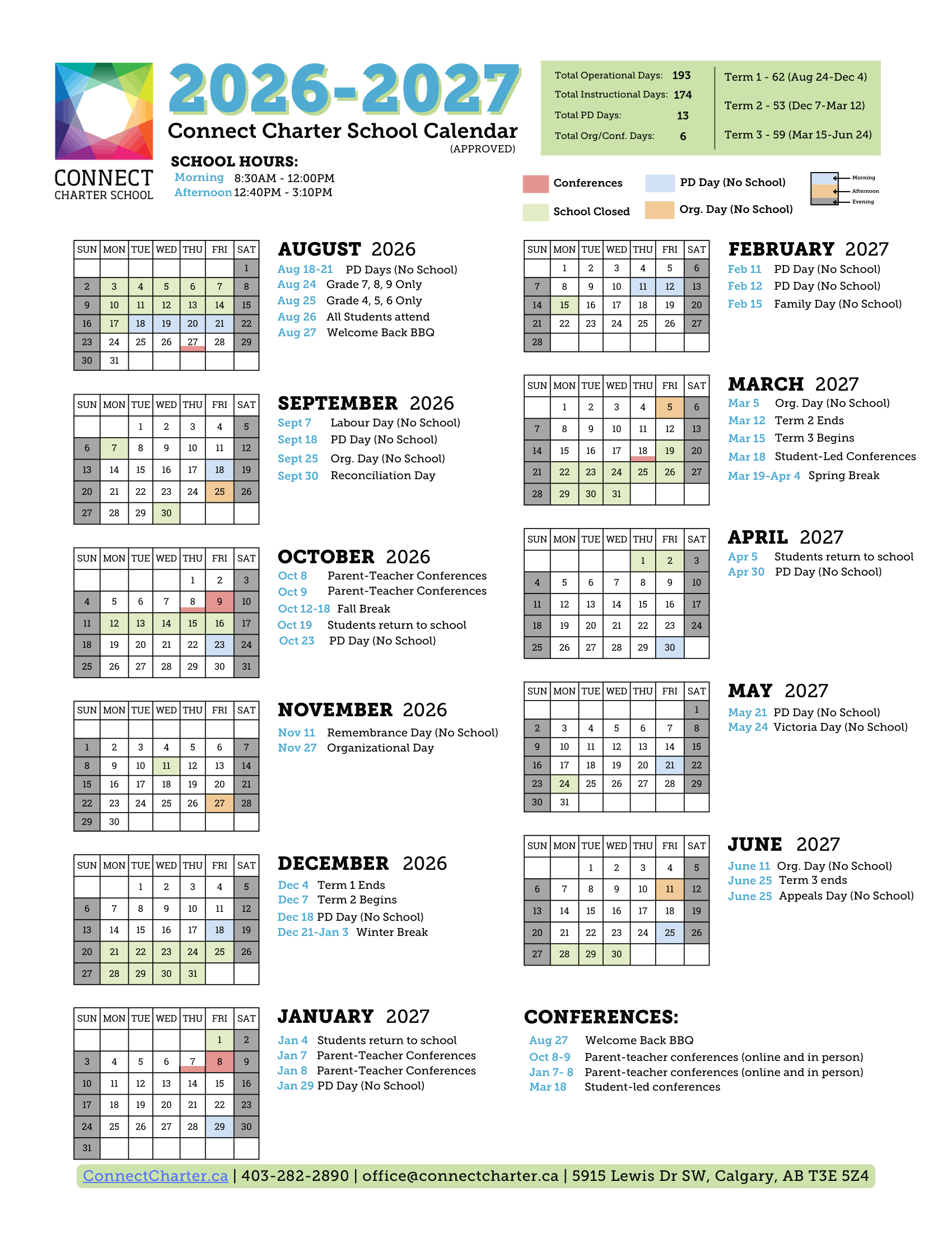 Connect Charter School Calendar 2026–2027 (click for PDF)